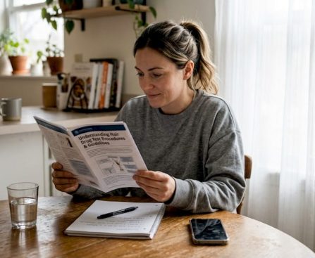 Woman reviewing hair drug test guide at home