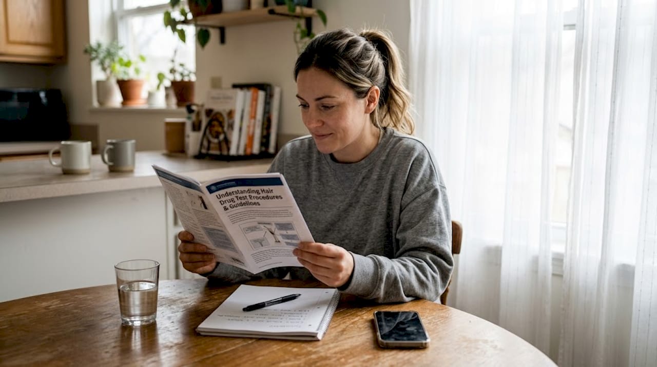 Woman reviewing hair drug test guide at home