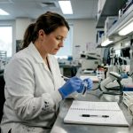 Lab technician labeling hair test sample