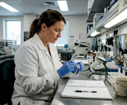 Lab technician labeling hair test sample