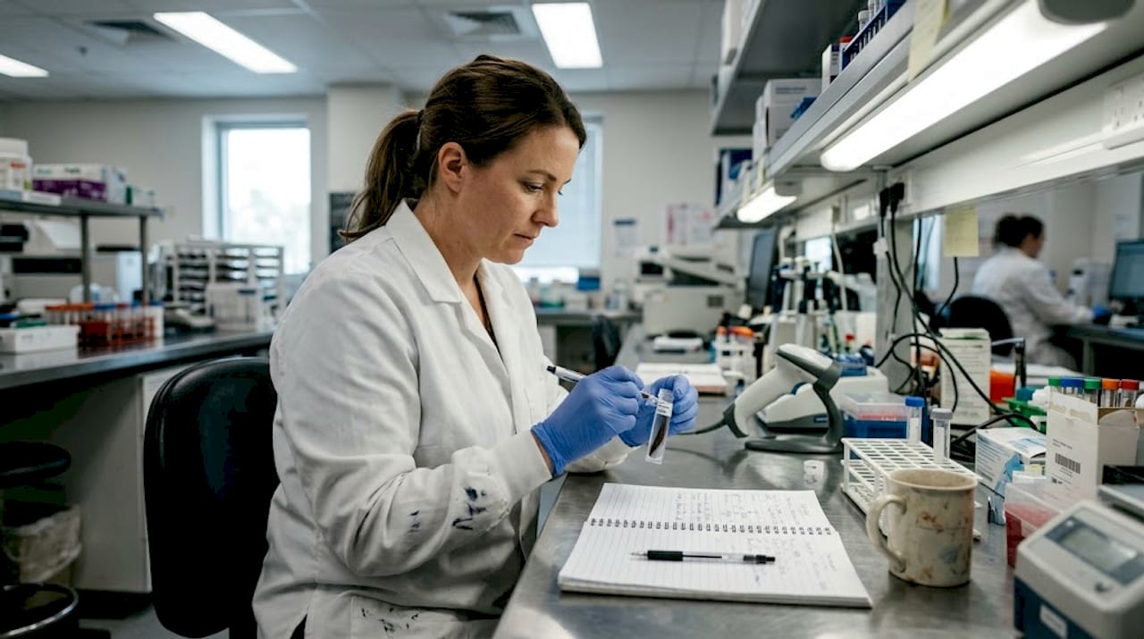 Lab technician labeling hair test sample