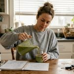 Woman preparing detox drink at kitchen table