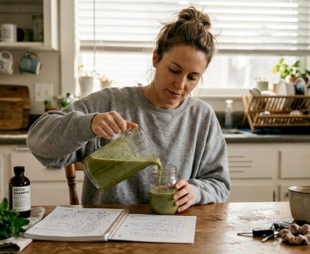 Woman preparing detox drink at kitchen table
