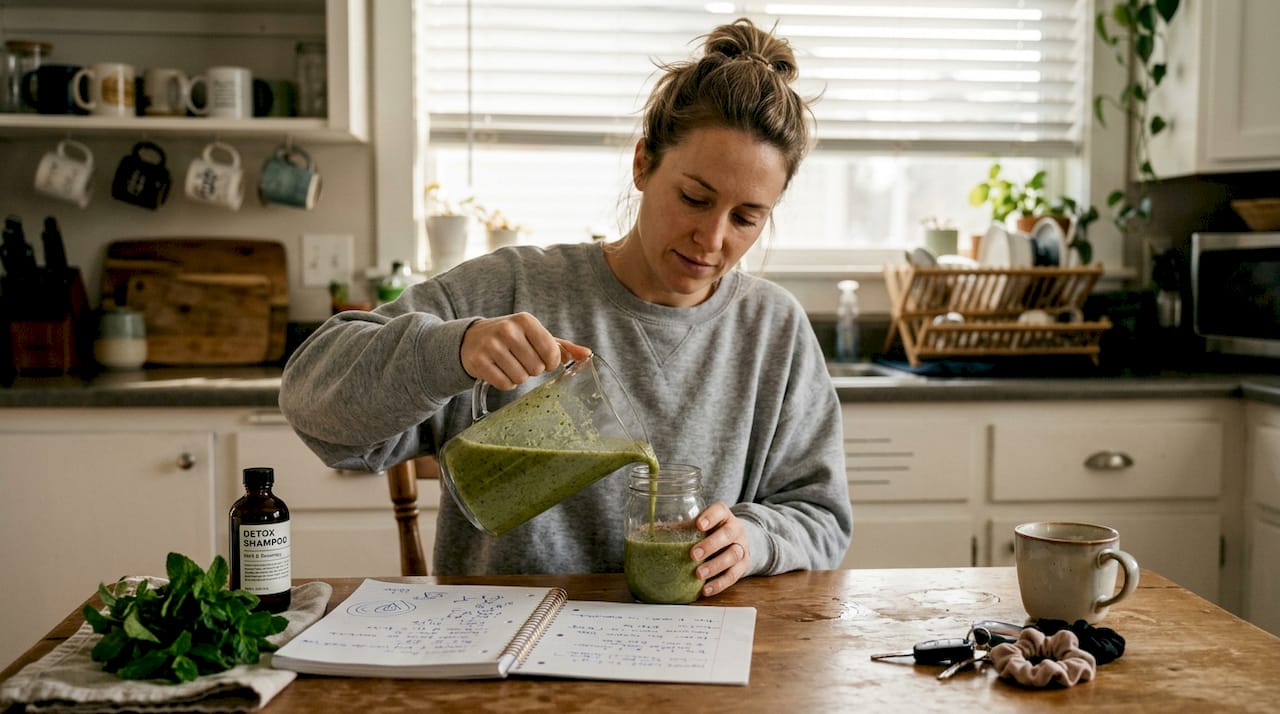 Woman preparing detox drink at kitchen table