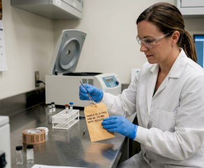 Lab technician places hair sample in envelope