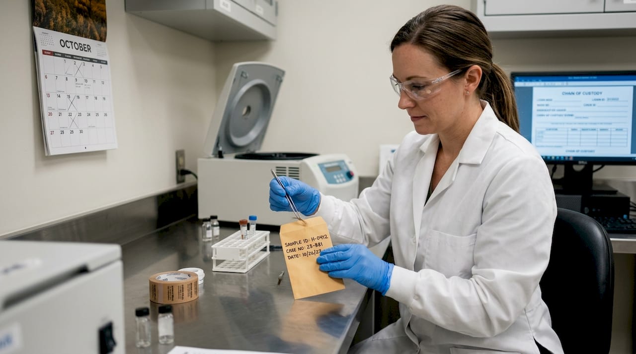 Lab technician places hair sample in envelope