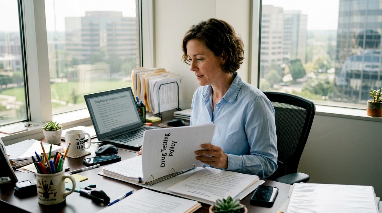 HR specialist reviews hair test policy binder