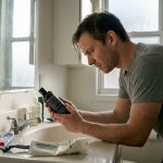 Man reading detox shampoo instructions bathroom