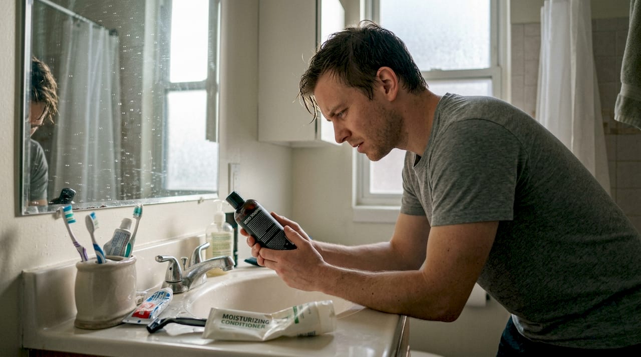 Man reading detox shampoo instructions bathroom