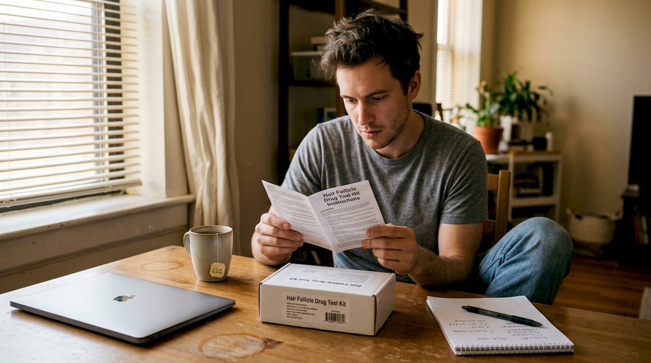 Man reviewing hair follicle drug test instructions