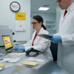 Lab technicians processing hair samples at workstation
