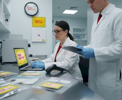 Lab technicians processing hair samples at workstation