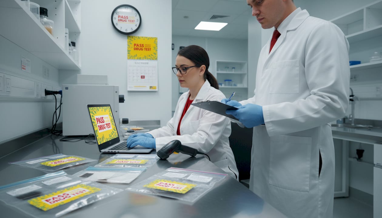 Lab technicians processing hair samples at workstation