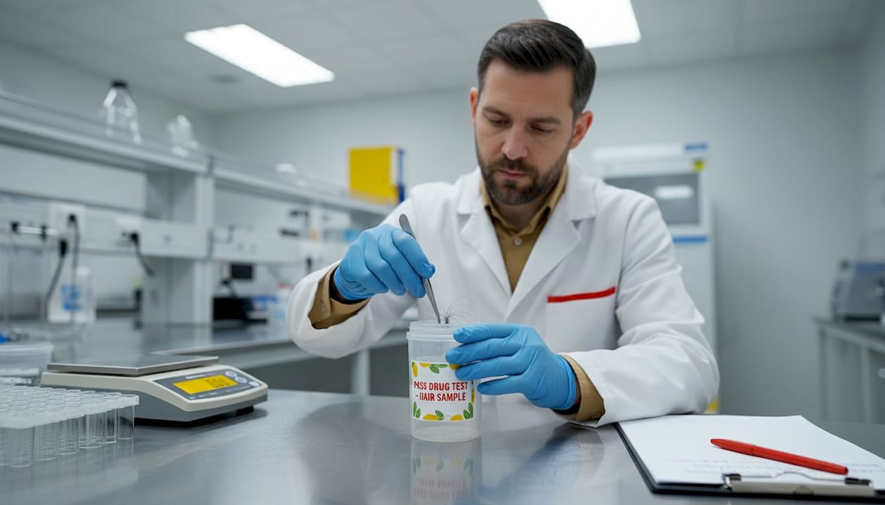 Lab technician preparing hair drug test sample