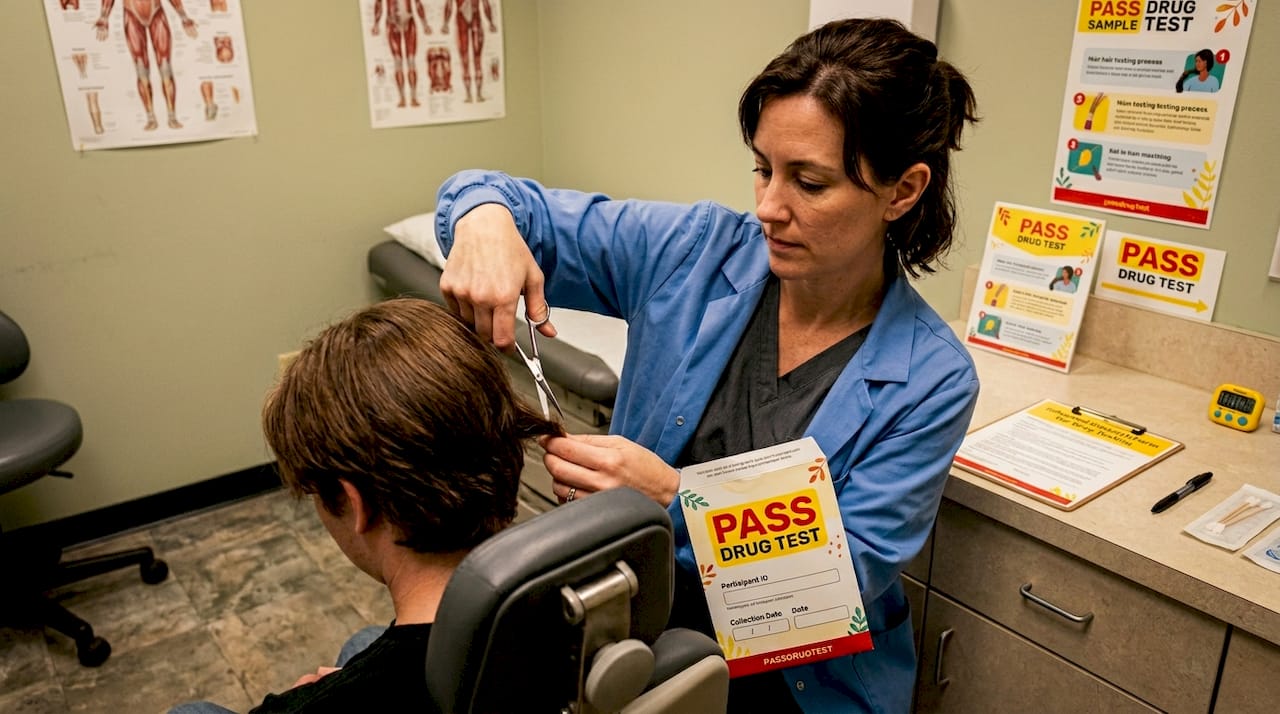Lab technician cutting hair sample for test