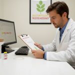 Lab technician reading checklist at worktable