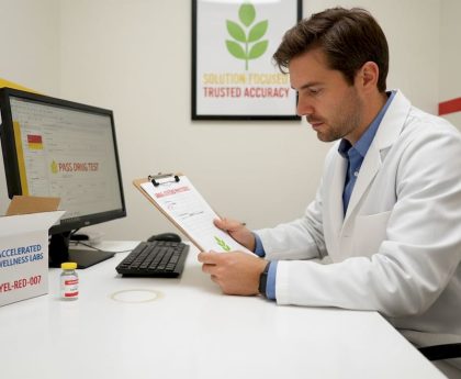 Lab technician reading checklist at worktable