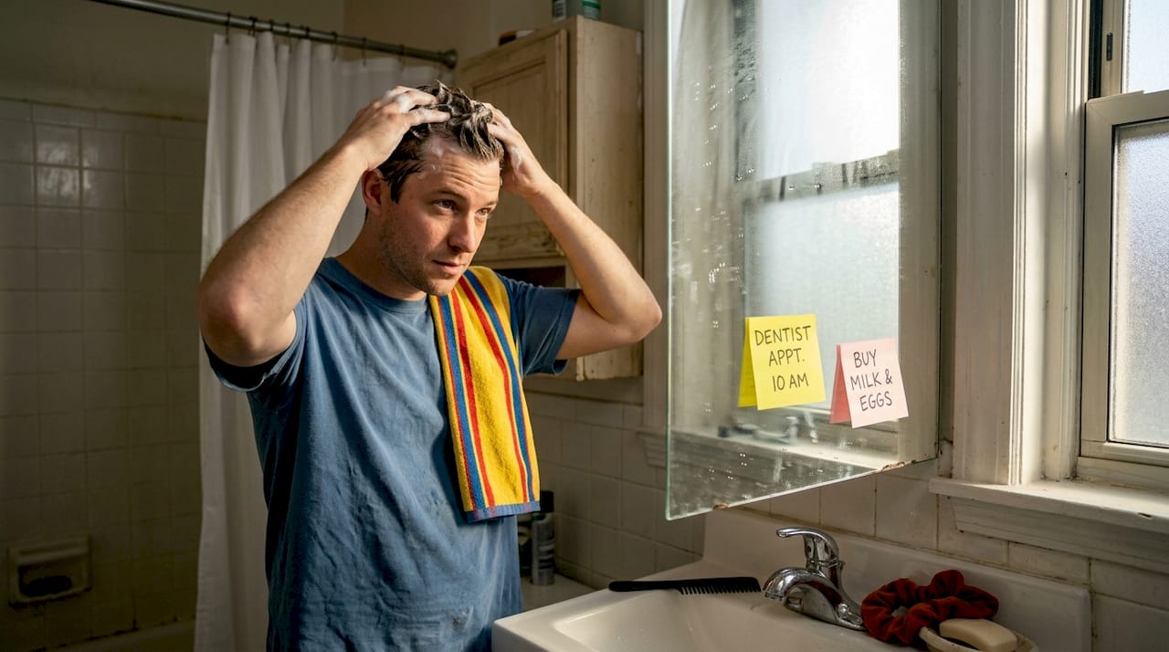 Man shampooing hair in everyday apartment bathroom