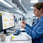 Lab analyst reviewing hair test results at workstation