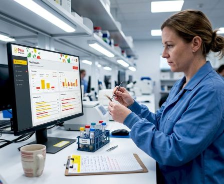 Lab analyst reviewing hair test results at workstation
