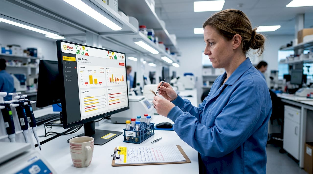Lab analyst reviewing hair test results at workstation