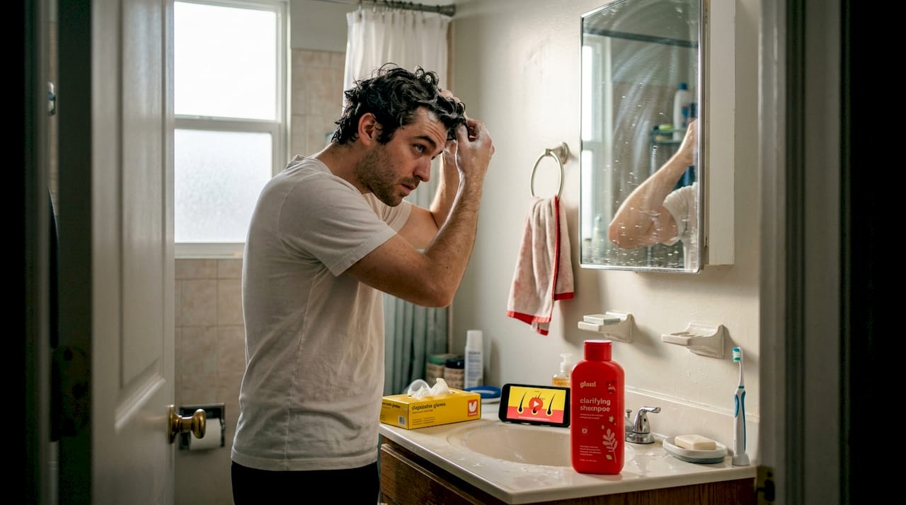 Man applying hair detox shampoo in bathroom