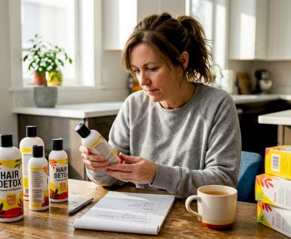Woman comparing several hair detox shampoos