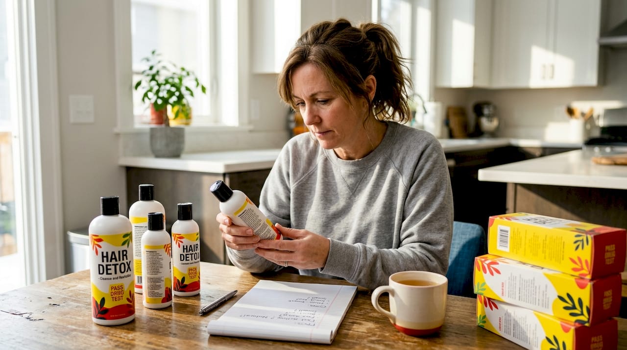 Woman comparing several hair detox shampoos