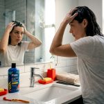 Woman applies clarifying shampoo in bathroom