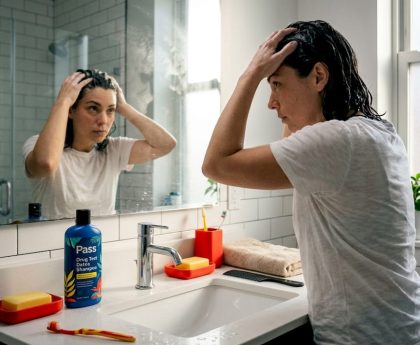 Woman applies clarifying shampoo in bathroom