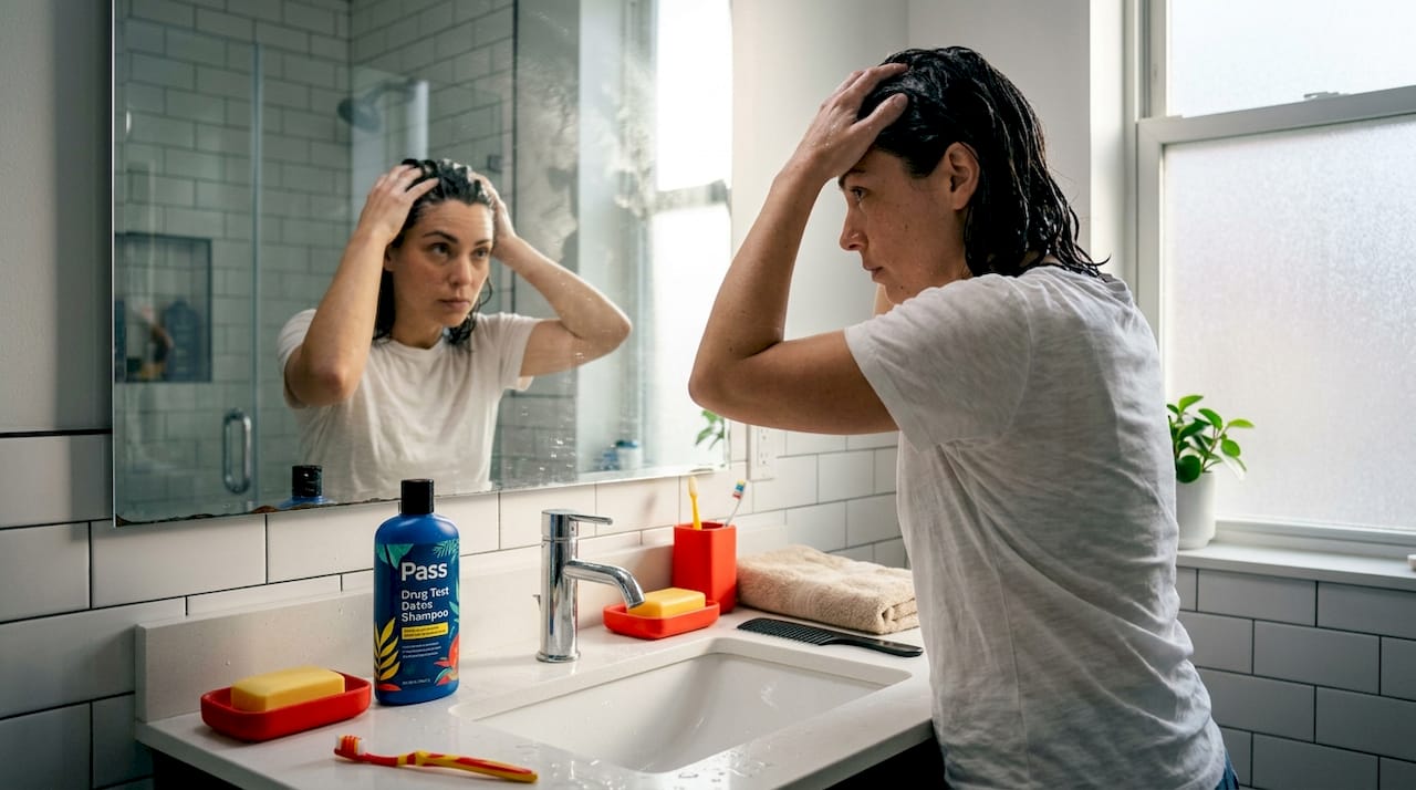 Woman applies clarifying shampoo in bathroom