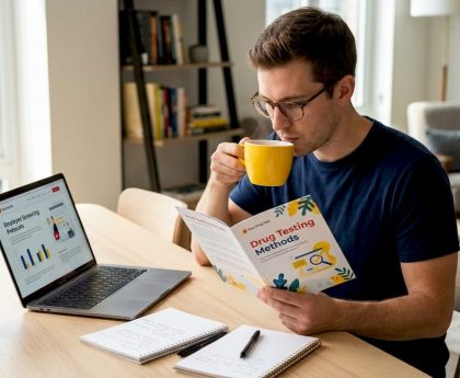 Man reading about drug testing methods at home table