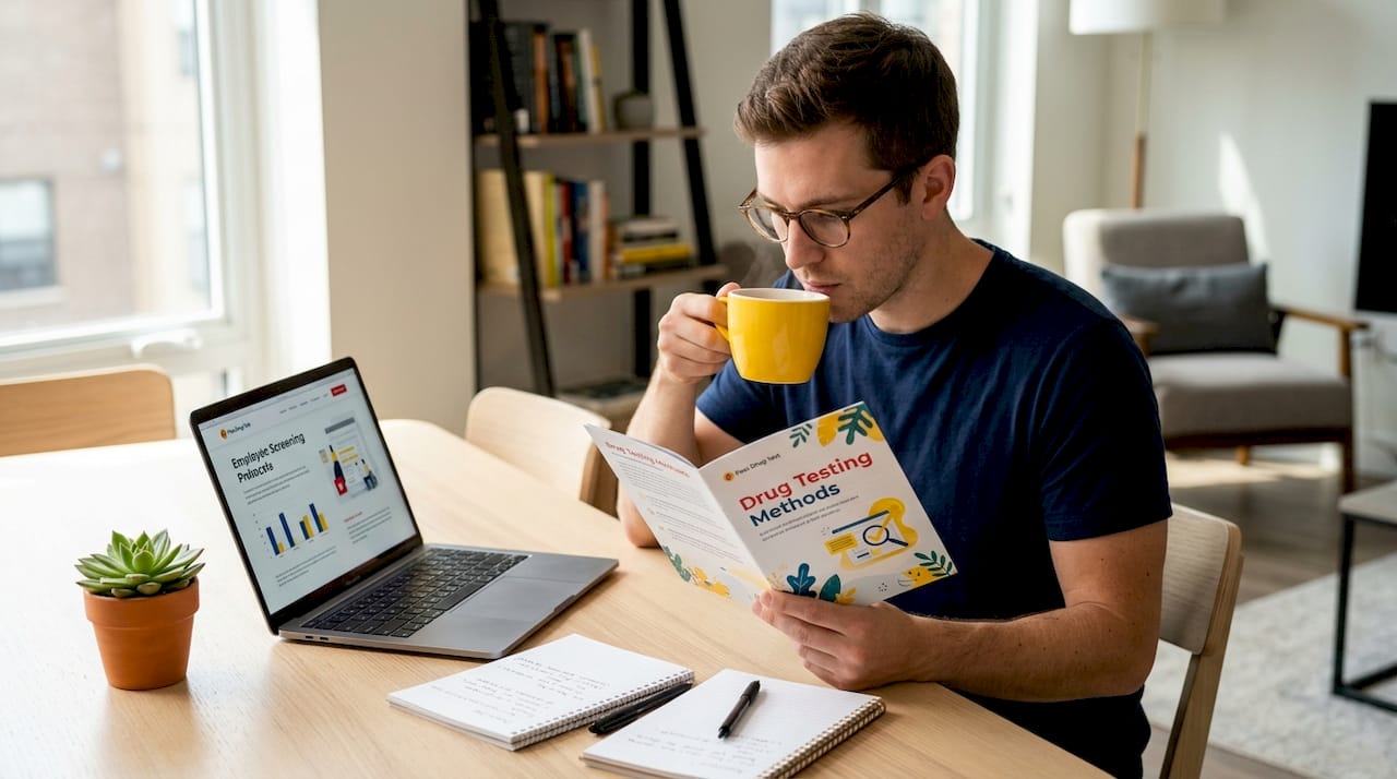 Man reading about drug testing methods at home table
