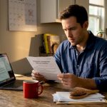 Man reviewing drug test letter in home kitchen