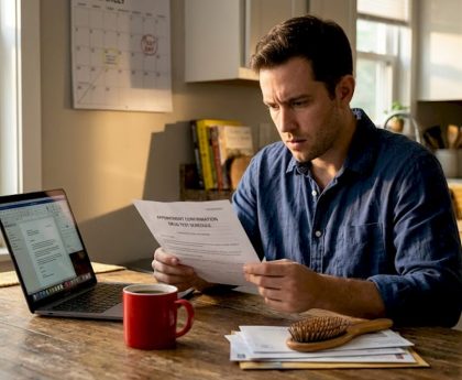 Man reviewing drug test letter in home kitchen
