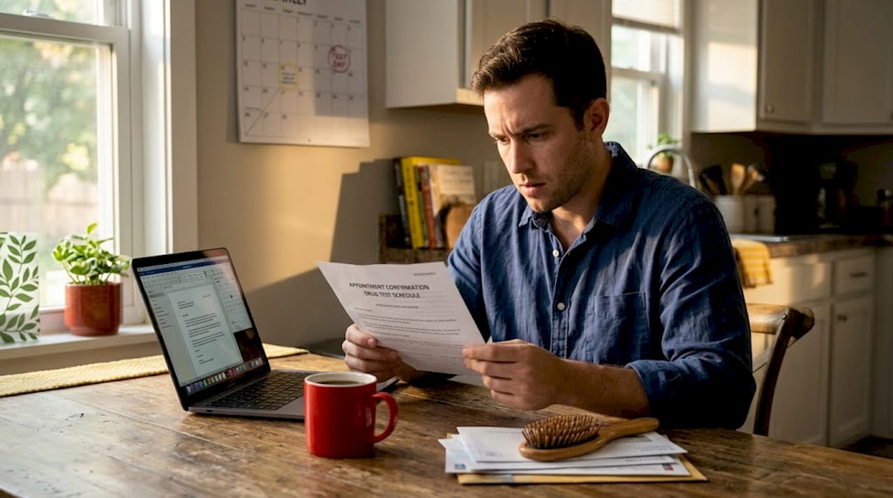Man reviewing drug test letter in home kitchen