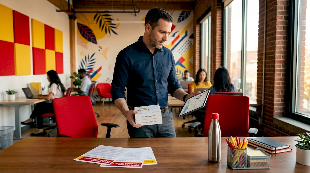 HR manager comparing urine and hair drug tests in office