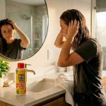 Woman applying detox shampoo in home bathroom