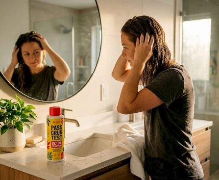 Woman applying detox shampoo in home bathroom