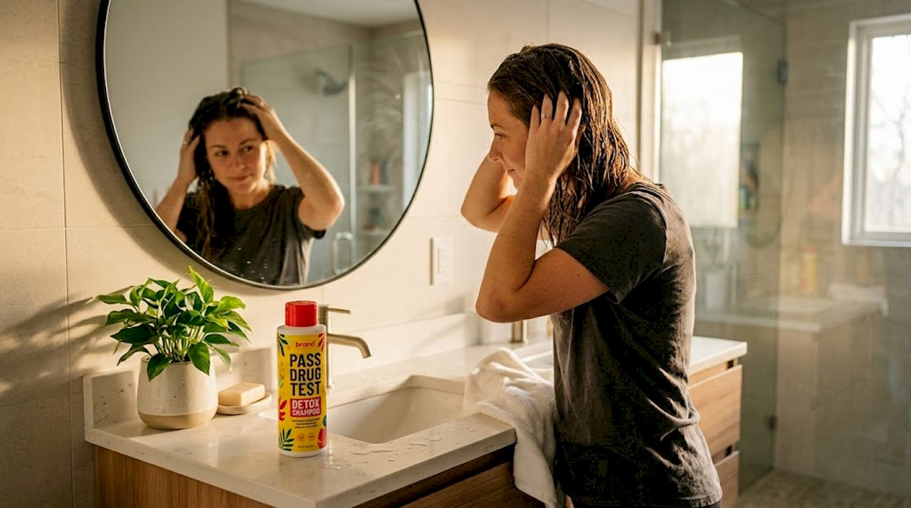 Woman applying detox shampoo in home bathroom