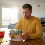 Man reading hair drug test instructions at kitchen table