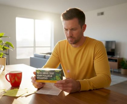 Man reading hair drug test instructions at kitchen table