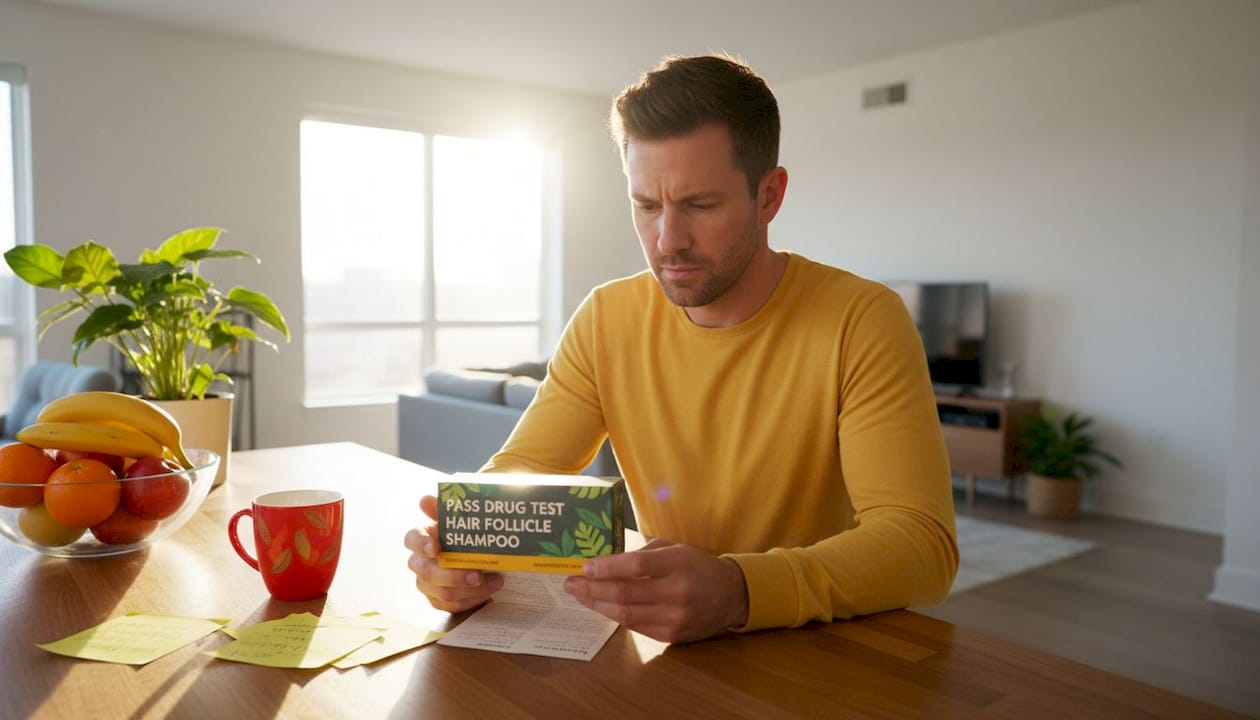 Man reading hair drug test instructions at kitchen table
