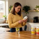 Woman reviewing detox supplements at kitchen counter