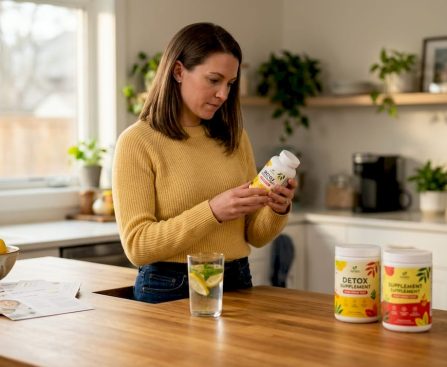 Woman reviewing detox supplements at kitchen counter