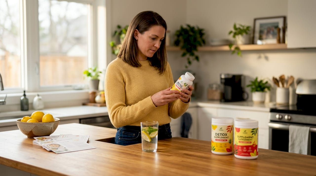 Woman reviewing detox supplements at kitchen counter