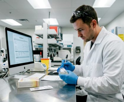 Lab technician labeling drug test sample cup
