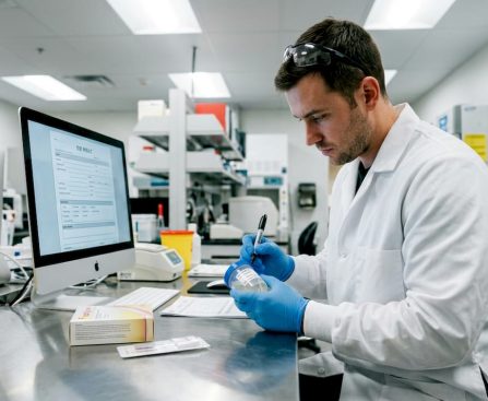 Lab technician labeling drug test sample cup
