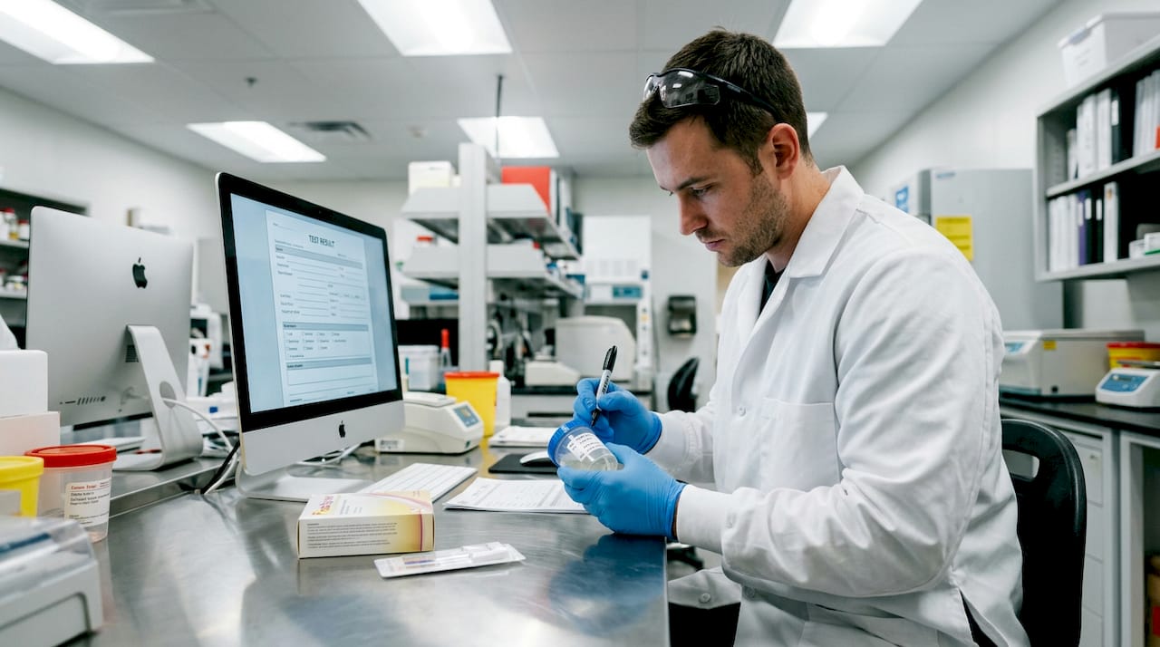 Lab technician labeling drug test sample cup