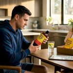 Man reading hair detox shampoo label in kitchen